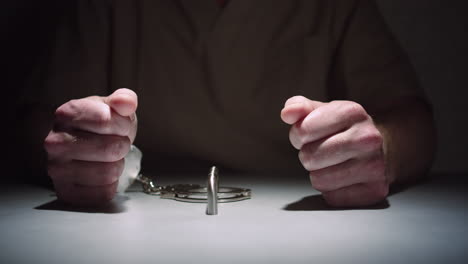 Close-up-of-a-prisoner's-hands-while-he-sits-calmly-handcuffed-to-a-table-in-an-interrogation-room,-his-hands-balled-into-fists