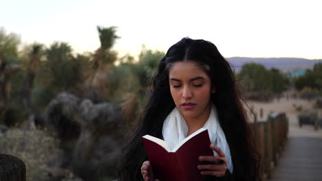A-beautiful-girl-student-scholar-reading-a-fantasy-fairytale-story-in-a-red-book-or-novel