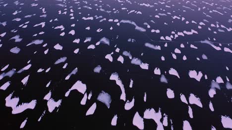 Aerial-TOP-DOWN-view-of-the-dark-ice-of-a-frozen-lake-with-small-islands-of-snow-at-dawn