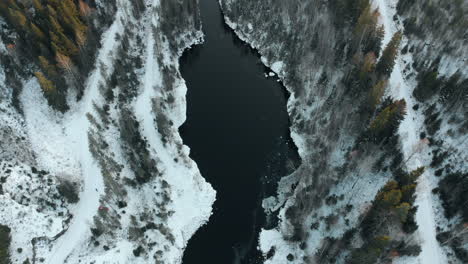 Aerial,-top-down,-birseye,-drone-shot,-above-a-river,-at-leafless-forest,-first-snow-on-the-ground,-near-Joensuu,-North-Karelia,-Finland