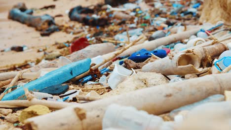 Rack-focus-of-trash-littered-on-tropical-beach-on-summer-day,-Curacao,-Caribbean