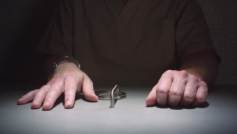 Close-up-parallax-shot-of-a-prisoner's-hands-as-he-sits-handcuffed-to-a-table-in-an-interrogation-room