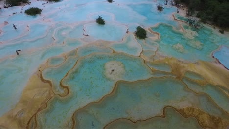 Remarkable-aerial-shot-over-gorgeous-calcite-deposits-in-Huanglong-valley