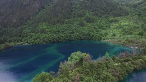 Breathtaking-drone-shot-over-tree-line-towards-a-dazzling-blue-coloured-lake