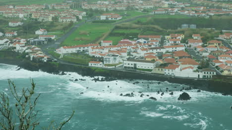 Static-shot-of-the-coastline-of-Porto-Pim,-Horta,-Faial-on-a-stormy-day