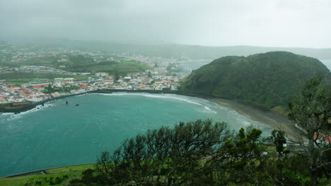 Wide-shot-of-Horta,-Faial,-Portugal,-on-a-stormy-day