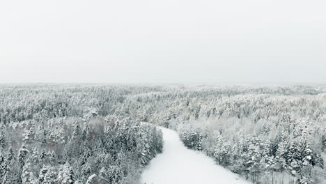 Antenne,-Tracking,-Drohnenaufnahme,-Einer-Flussbiegung,-Am-Haukkalampi-Teich,-Umgeben-Von-Schnee,-Bedeckten-Bäumen-Und-Endlosem-Winterwald,-An-Einem-Bewölkten-Tag,-Im-Nuuksio-Nationalpark,-In-Finnland