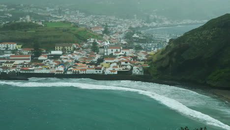 Tilting-up-shot-of-Horta,-Azores-on-a-stormy-day