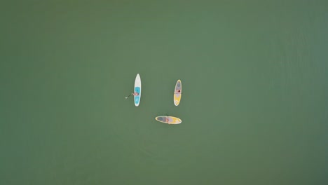 Drone-shot-of-three-people-paddle-boarding-on-a-lake-on-a-sunny-day