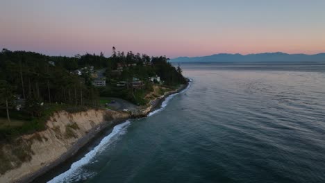 Aerial-view-of-Libbey-Beach-Park-and-surrounding-houses-on-Whidbey-Island-at-sunset