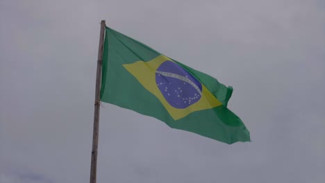 Slow-motion-of-Brazilian-flag-blowing-in-the-wind-against-overcast-sky