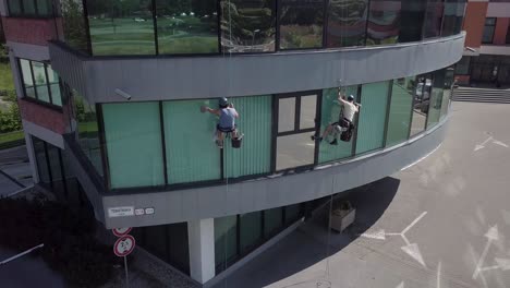Slow-aerial-rotation-around-industrial-climber-workers-cleaning-office-windows