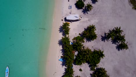 aerial-footage-along-the-coast-of-a-tropical-island-with-palm-trees-on-the-white-sandy-beaches-and-small-boats-anchored-by-the-shoreline