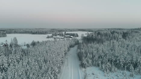 Aerial,-drone-shot,-over-a-snowy-road,-between-wintry-trees,-towards-farm,-on-the-Karelian-countryside,-on-a-sunny,-winter-evening,-at-Vuoniemi,-in-North-Karelia,-Finland