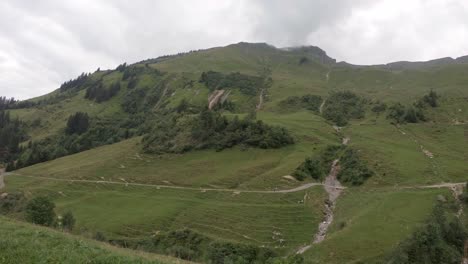 Idyllic-alpine-landscape-of-mountain-pastures-in-Brienz,-Switzerland-on-cloudy-day