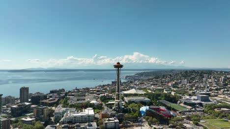 Establishing-aerial-view-of-the-Seattle-Space-Needle-on-a-bright-summer-day