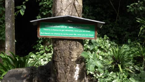 Inspirational-tree-quote-hanging-on-entrance-to-temple-woodland-tree-showing-path-route-enlightenment