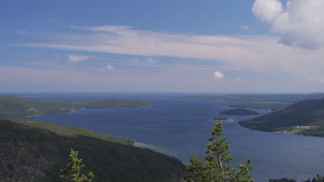 Coastal-landscape-of-Sweden-with-endless-horizon,-static-view-from-top-mountain