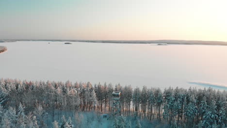 Aerial,-reverse,-drone-shot,-away-from-a-bird-tower,-between-snowy,-pine-tree-forest,-overlooking-the-snowy-lake-Pyhaselka,-of-Saimaa,-on-a-sunny,-winter-evening,-in-Vuoniemi,-North-Karelia,-Finland