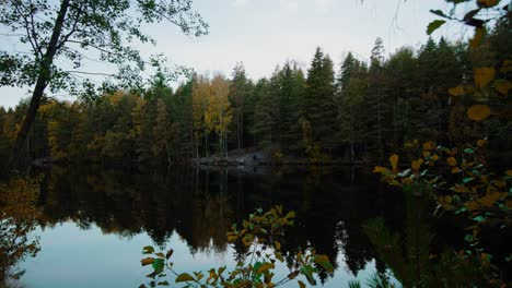 Tranquil-forest-lake-on-a-gloomy-fall-day-in-Scandinavia---tracking-view