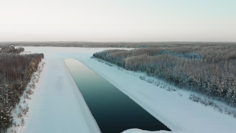 Aerial,-drone-shot,-over-a-iceless-spot,-on-a-river,-on-a-sunny,-winter-day,-in-Utra,-Joensuu,-North-Karelia,-Finland