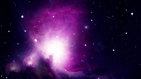 A-camera-slowly-moving-throughout-space-towards-the-pink-and-purple-Orion-Nebula-Constellation,-one-of-the-brightest-nebulae-in-the-Milky-Way