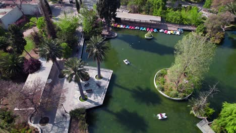 Aerial-view-dolly-in-of-a-lagoon-with-pedal-boats-and-palm-trees-around,-sunny-day