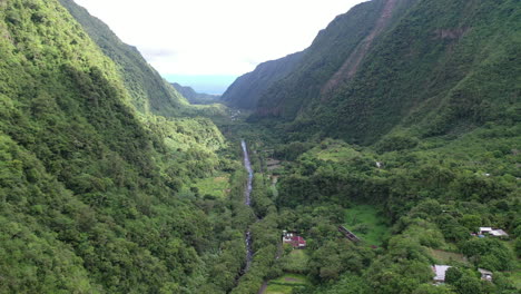 Aerial-flight-over-a-river-running-from-Grand-Galet-Falls-at-the-Cascade-Langevin-on-the-island-of-Réunion