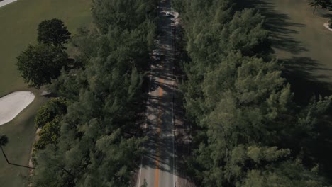 Drone-view-of-cars-on-highway-between-the-pine-trees-and-near-the-golf-course