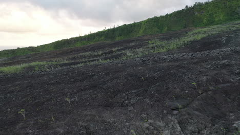 Flight-over-dried-lava-volcanic-landscape-on-Reunion-Island