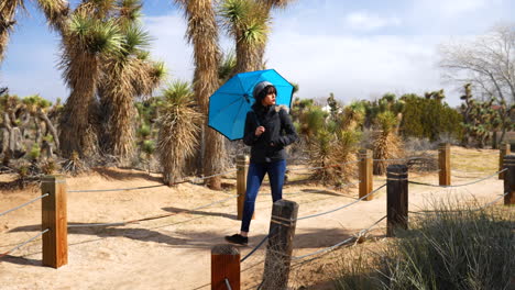 Hübsche-Junge-Frau-Mit-Einem-Blauen-Regenschirm,-Der-Durch-Die-Wüste-Mit-Joshua-bäumen-Auf-Einem-Naturspaziergang-In-Zeitlupe-Geht