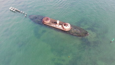 Drone-view-over-the-sunken-HMAS-Cererus-off-of-the-coast-of-Black-Rock,-Melbourne,-Australia
