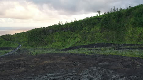 Flight-over-dried-lava-volcanic-landscape-on-Reunion-Island