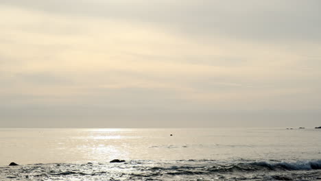 Ruhiges-Meerwasser-Zur-Goldenen-Stunde-Mit-Einem-Solo-Surfer,-Der-Am-Big-Rock-Beach-Von-Malibu,-Kalifornien,-Lernt
