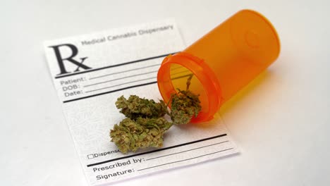 An-open-prescription-bottle-of-marijuana-sits-on-a-blank-prescription-note