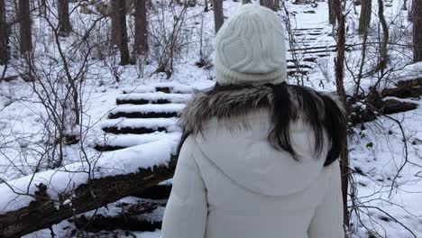 Lost-woman-in-the-snowy-mountain-arrive-to-fallen-tree