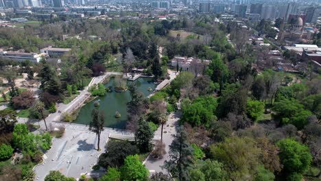 Panoramic-aerial-view-of-Quinta-Normal-Park-in-downtown-Santiago,-the-first-park-in-the-city
