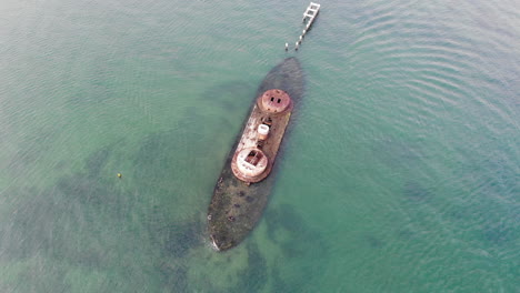 Aerial-orbit-over-the-shipwreck-of-HMAS-Cererus-off-of-the-coast-of-Black-Rock,-Melbourne,-Australia