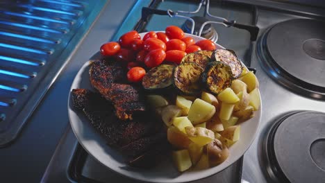 Cooked-Honey-Soy-Chicken-In-A-Plate-With-Fresh-Ripe-Tomatoes,-Fried-Eggplant-Slices,-And-Potatoes
