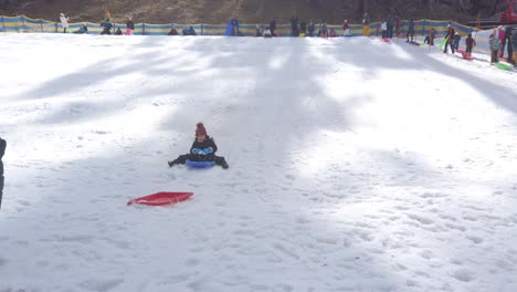 Little-asian-girl-is-sledding-down-the-hill-on-a-small-blue-toboggan-at-a-snow-resort-in-a-sunny-day-on-winter