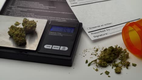 Slowly-panning-down-across-marijuana-buds-being-measured-on-a-digital-scale-next-to-a-blank-prescription-note-and-open-pill-bottle