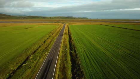 Aerial-landscape-view-of-a-straight-asphalt-road-crossing-bright-green-fields,-in-Iceland