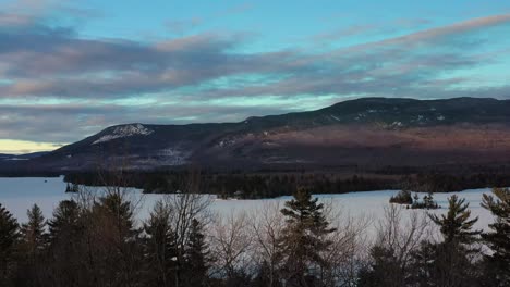 Aerial-boom-down-past-trees-obscuring-the-view-of-a-frozen-lake-with-a-mountain-behind