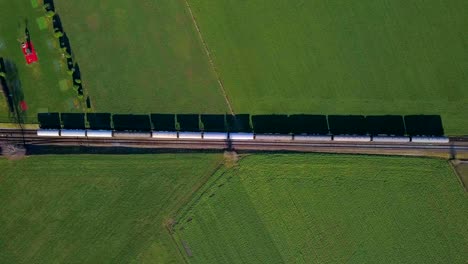 aerial-view-Stationary-train-sitting-on-tracks-in-green-field-with-shadows
