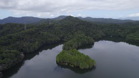 Lake-Morris---Reservoir-Dam-In-Lamb-Range,-Cairns-Region,-Queensland,-Australia---aerial-shot