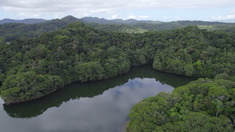 Represa-De-Cobre-Rodeada-De-Exuberante-Vegetación-Tropical-En-Cairns,-Norte-De-Queensland,-Australia---Toma-Aérea-De-Drones
