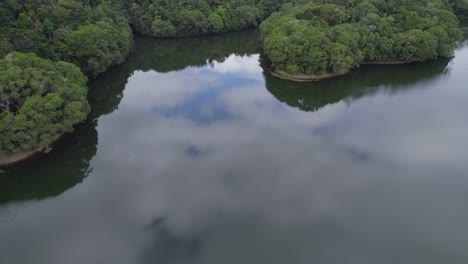 Flying-Over-Calm-Waters-Of-Lake-Morris-In-North-Queensland,-Australia---aerial-drone-shot