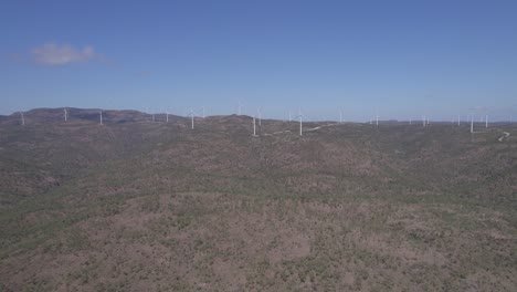 Wind-Turbines-Generating-Wind-Power-On-Mountainous-Landscape-In-Arriga,-Queensland,-Australia