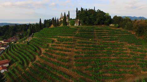 Aerial-view-of-the-Prosecco-hills-in-Vidor,-Italian-wine-region-with-drone