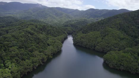 Lake-Morris---Fresh-Water-Reservoir-Dam-In-Cairns,-North-Queensland,-Australia---aerial-drone-shot